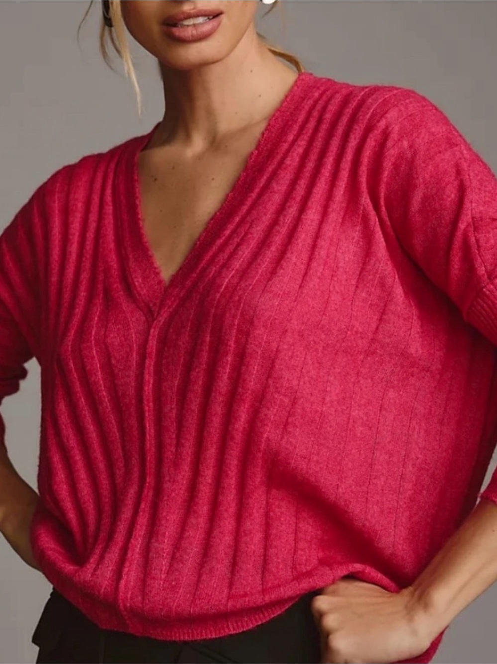 Anthropologie PILCRO Ribbed V-Neck Sweater - Bright Pink NWOT